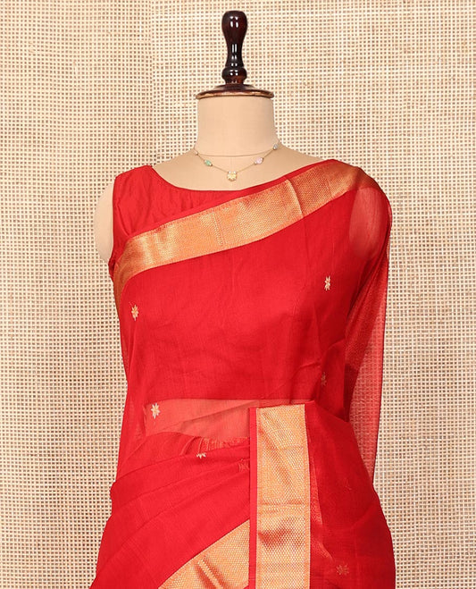 Red Maheshwari Cotton Saree, Adorned with Floral Buttas on Its Body, Highlighted by a Traditional Zari Design Border, Pallu of Zari Design, and Paired with a Matching Blouse