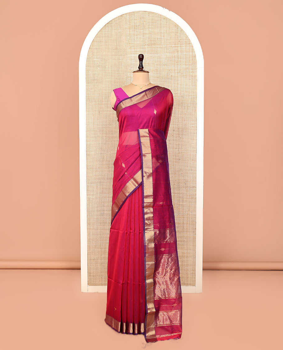 Pink Maheshwari Cotton Saree, Uniquely Detailed with Diamond Stripes on Its Body, Complemented by a Contrast Border of Traditional Designs, Pallu Steeped with Zari Stripes, and Paired with a Matching Blouse