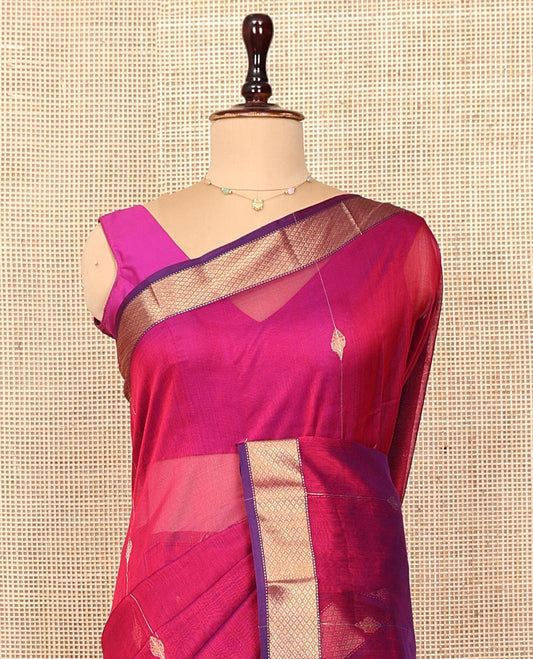 Pink Maheshwari Cotton Saree, Uniquely Detailed with Diamond Stripes on Its Body, Complemented by a Contrast Border of Traditional Designs, Pallu Steeped with Zari Stripes, and Paired with a Matching Blouse