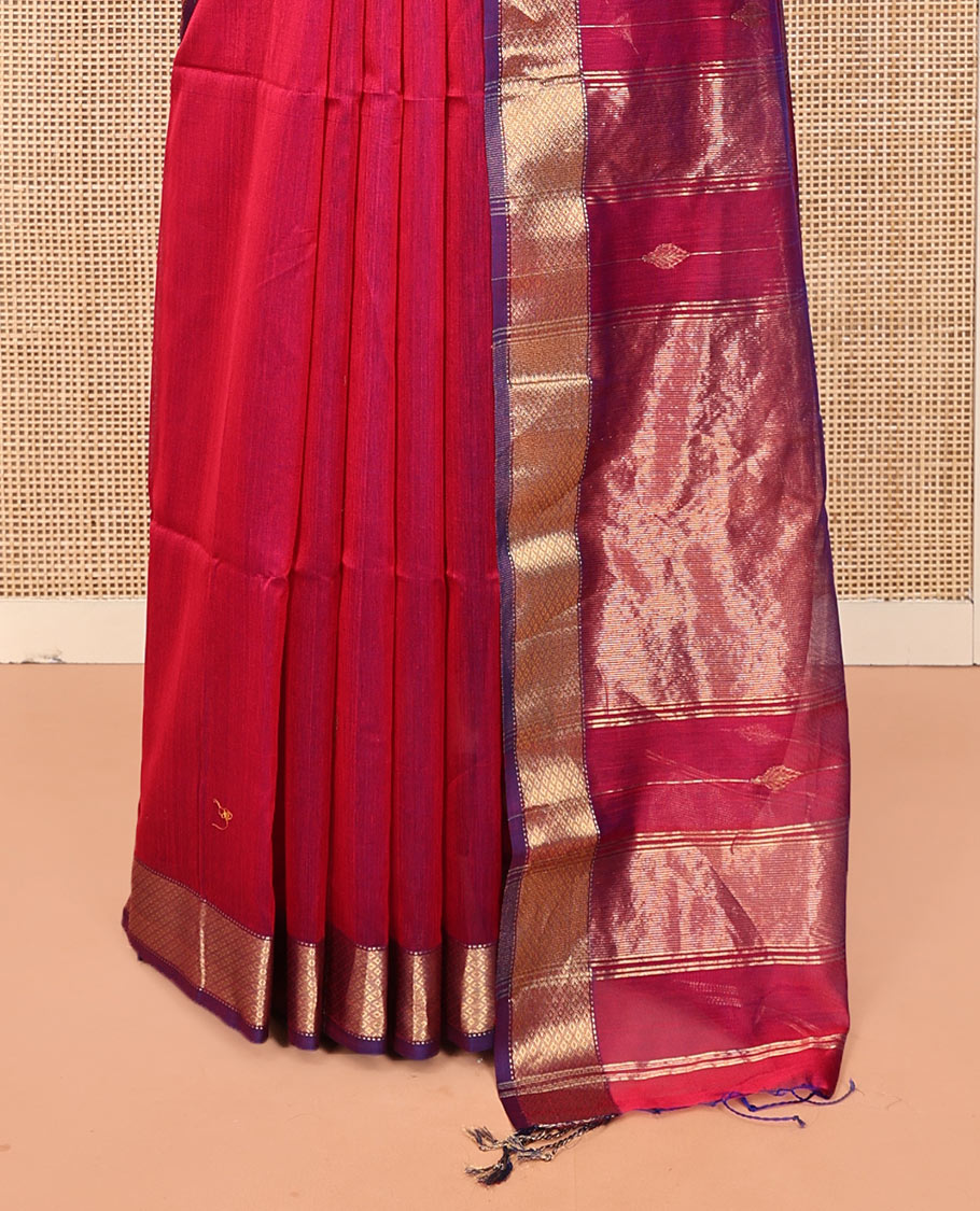 Pink Maheshwari Cotton Saree, Uniquely Detailed with Diamond Stripes on Its Body, Complemented by a Contrast Border of Traditional Designs, Pallu Steeped with Zari Stripes, and Paired with a Matching Blouse