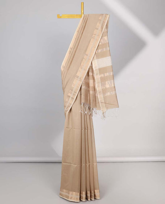 Brown maheshwari cotton saree with contrast zari border & striped zari pallu