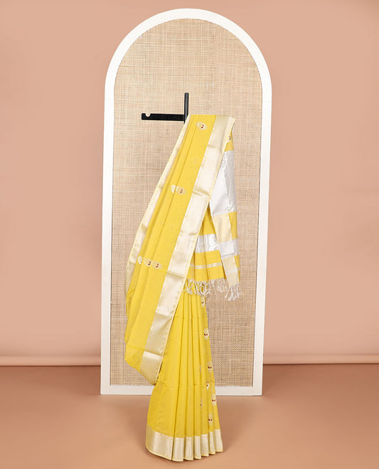 Yellow motifs maheswari cotton saree with self zari design border & striped, floral zari design pallu