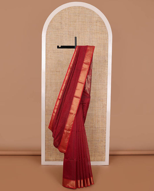 Red checked maheshwari cotton saree with self zari design border & striped pallu