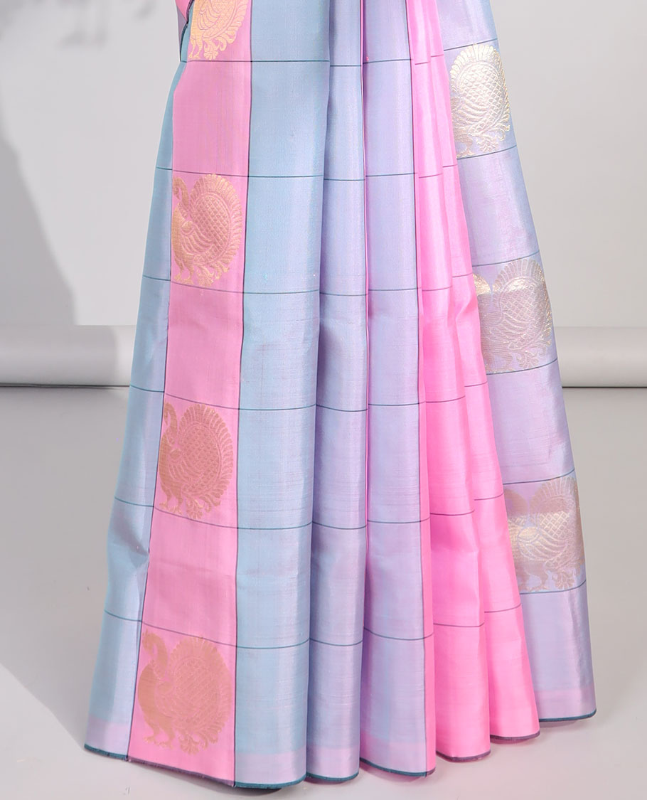 Borderless multi-color checked with peacock buttas design soft silk saree with floral vine zari design pallu