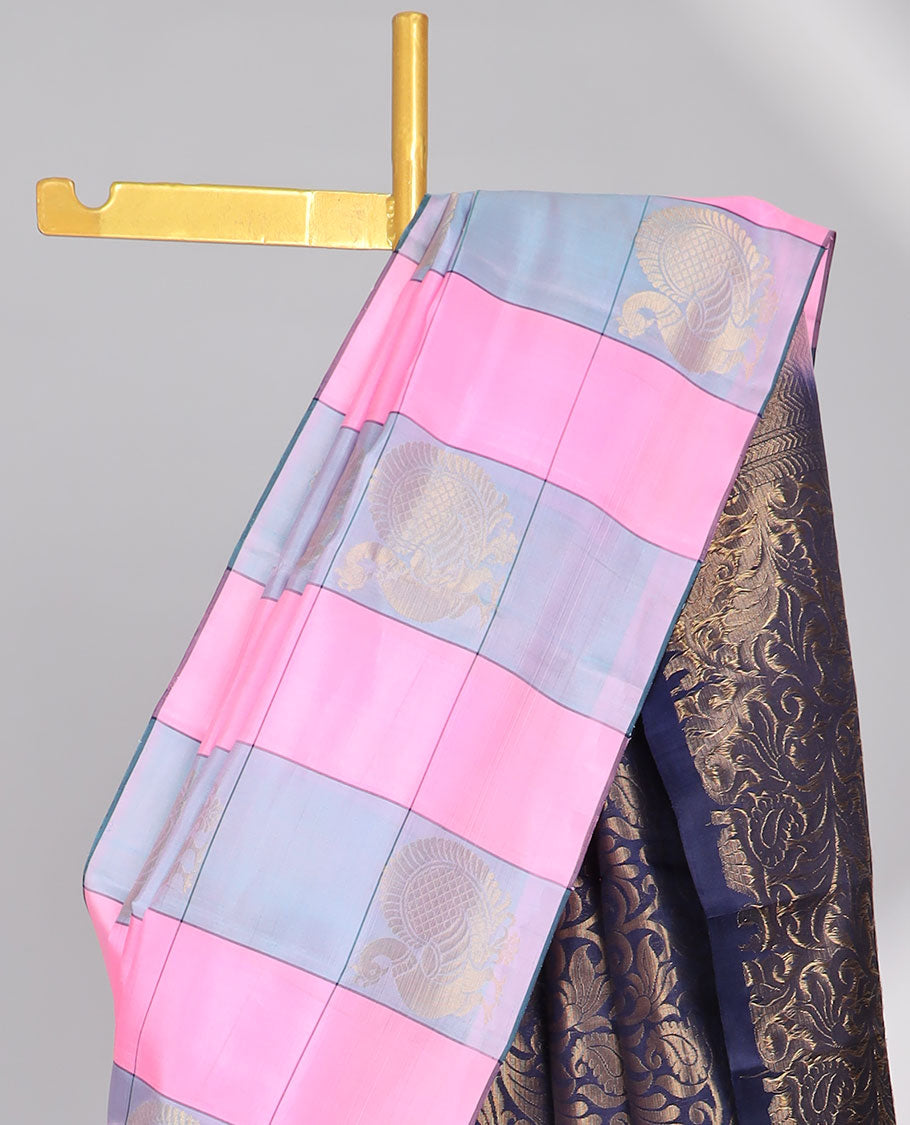 Borderless multi-color checked with peacock buttas design soft silk saree with floral vine zari design pallu