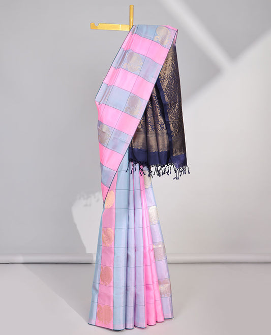 Borderless multi-color checked with peacock buttas design soft silk saree with floral vine zari design pallu