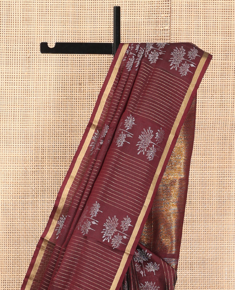 Brown Mayuri Lite Silk Mix Saree, Showcasing Floral Zari Buttas and Stripes, a Piping Border, a Grand Pallu, and a Matching Blouse