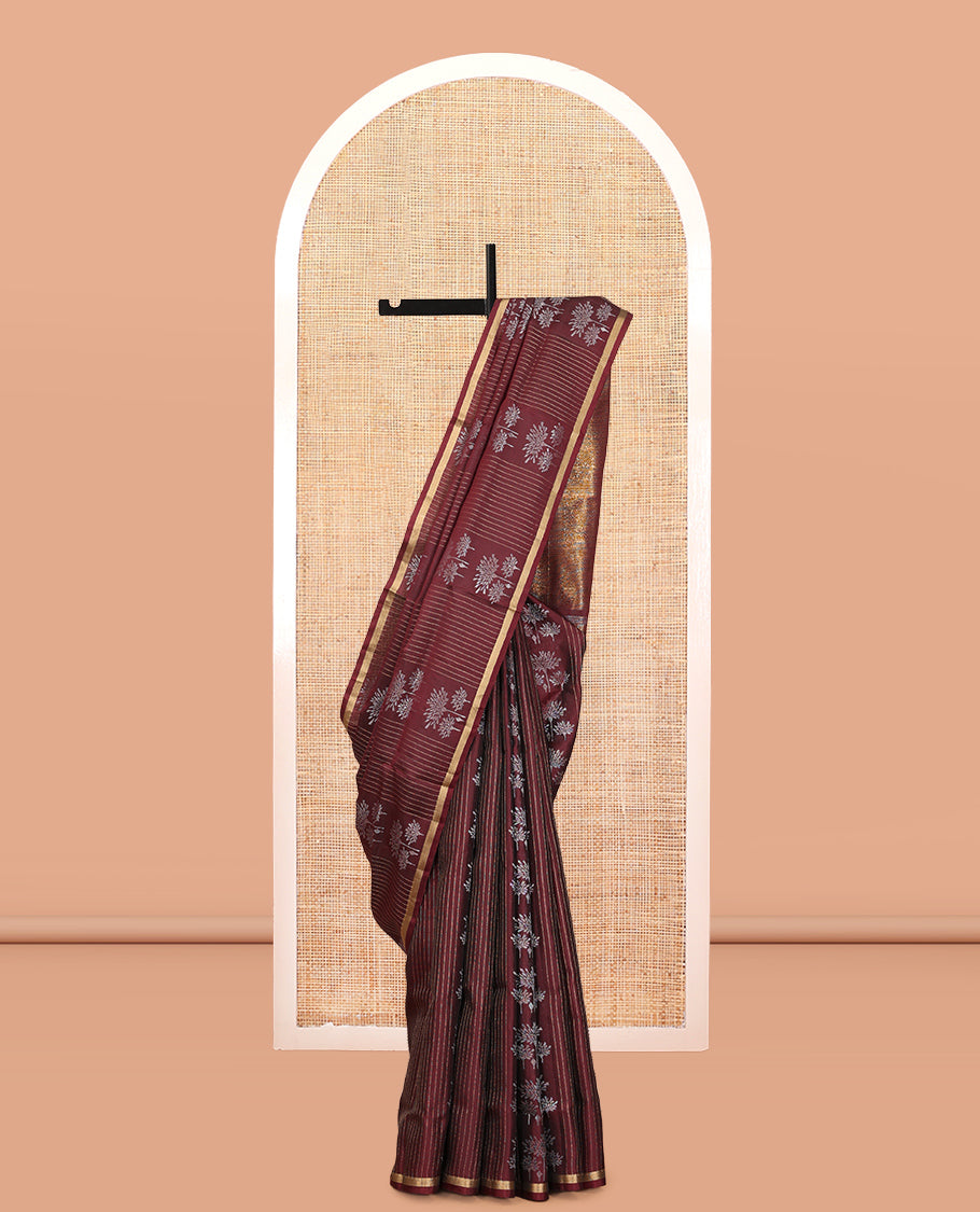 Brown Mayuri Lite Silk Mix Saree, Showcasing Floral Zari Buttas and Stripes, a Piping Border, a Grand Pallu, and a Matching Blouse