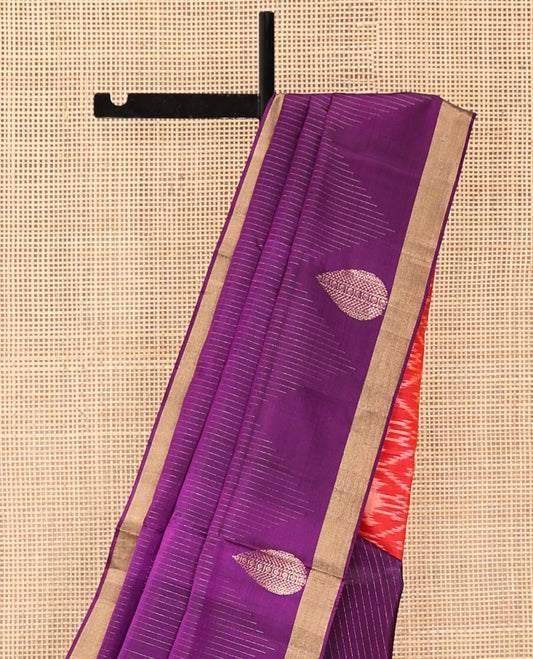 Purple Mayuri Soft Silk Saree, Bedecked with Stripes and Thilakam Buttas All Over Its Body, Subtle Bavanji Border, Captivating Contrast Pallu of Ikkat Ogee Patterns, and Paired with a Contrast Blouse