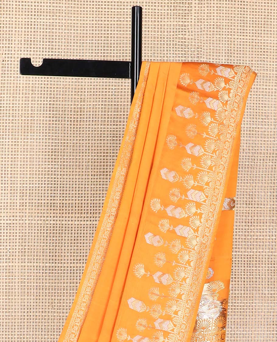 Orange floral motifs mushru silk saree with self floral design border & floral jaal design pallu