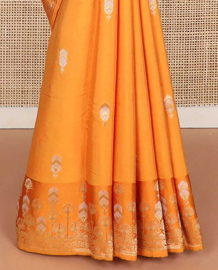 Orange floral motifs mushru silk saree with self floral design border & floral jaal design pallu
