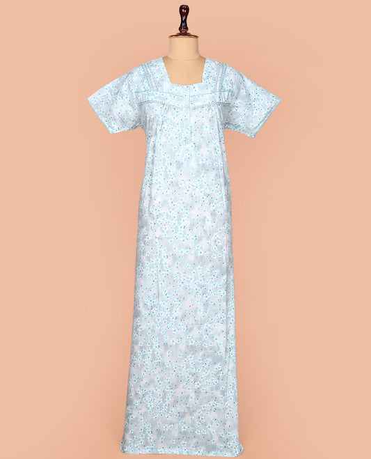 Pale Blue Cotton Nighty Subtly Sparkled with Floral Print, Featuring Lace Work, Square Front Neck, and Half  Sleeves