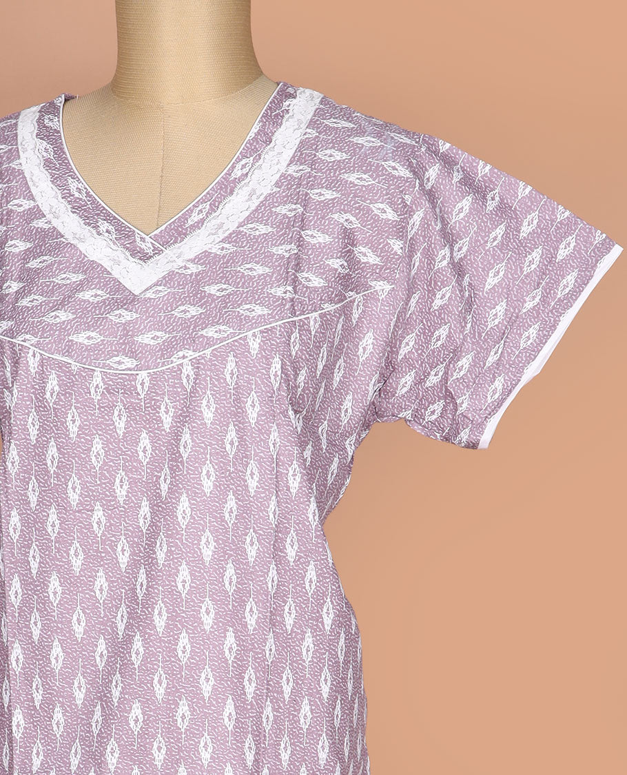 Lavender leaf printed with leaf neck lace work half-sleeve nighty