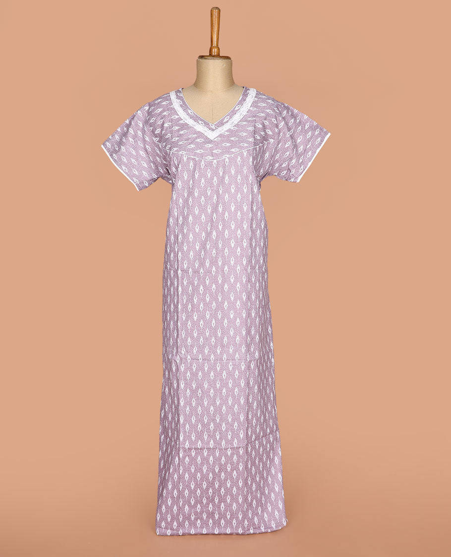 Lavender leaf printed with leaf neck lace work half-sleeve nighty