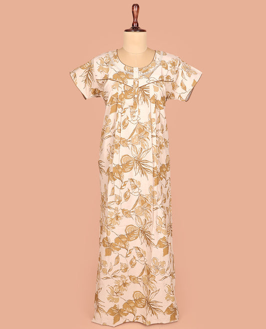 Light Sandal Cotton Nighty Eleganty Decked Up with Floral Patterns Print, Featuring Lace Work, Round Front Neck, and Half Sleeves