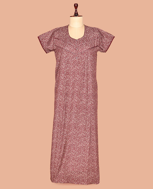 Maroon Printed Cotton-Blended Nighty