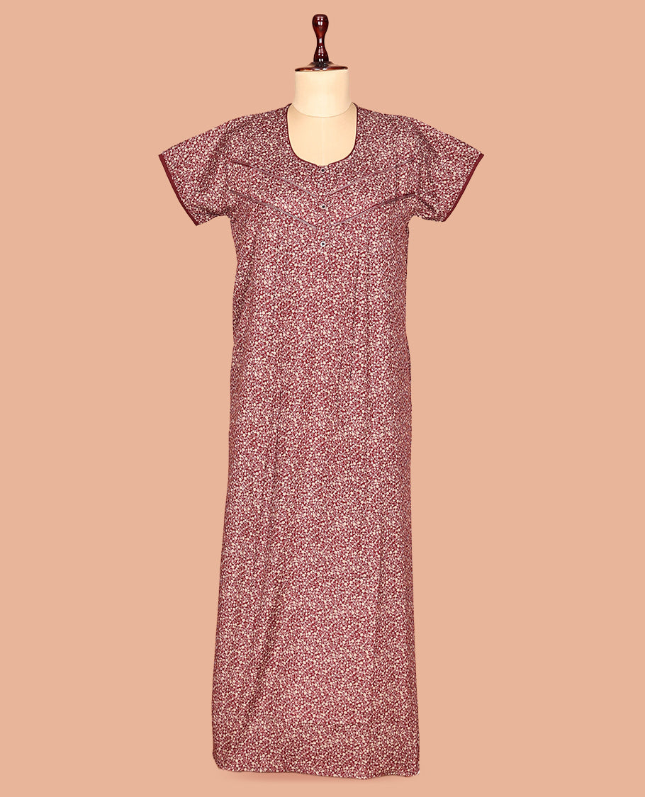 Maroon Printed Cotton-Blended Nighty