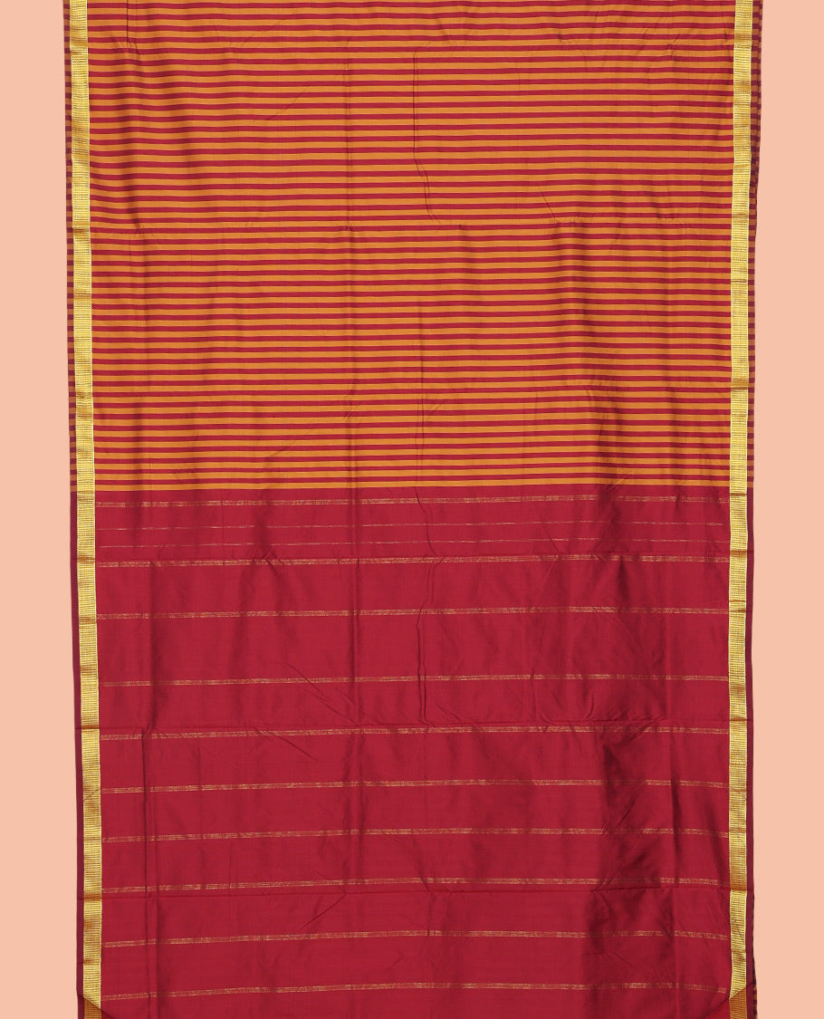 Maroon-Yellow Striped Art-Silk Nine Yard Saree, a Traditional Zari Border, Pallu of Zari Stripes, and No Blouse