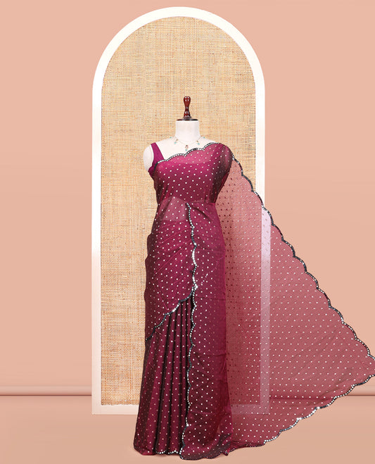 Purple Shimmer Chiffon Saree, Steeped with Buttas, a Scallop Mirror Work Border, and a Matching Blouse