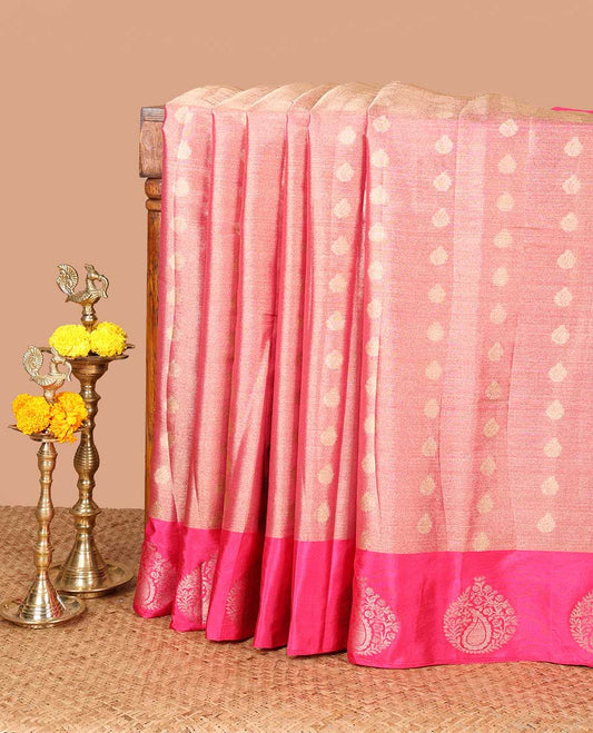 Pink zari butta design banaras tissue saree with butta border & rich brocade pallu along with running blouse