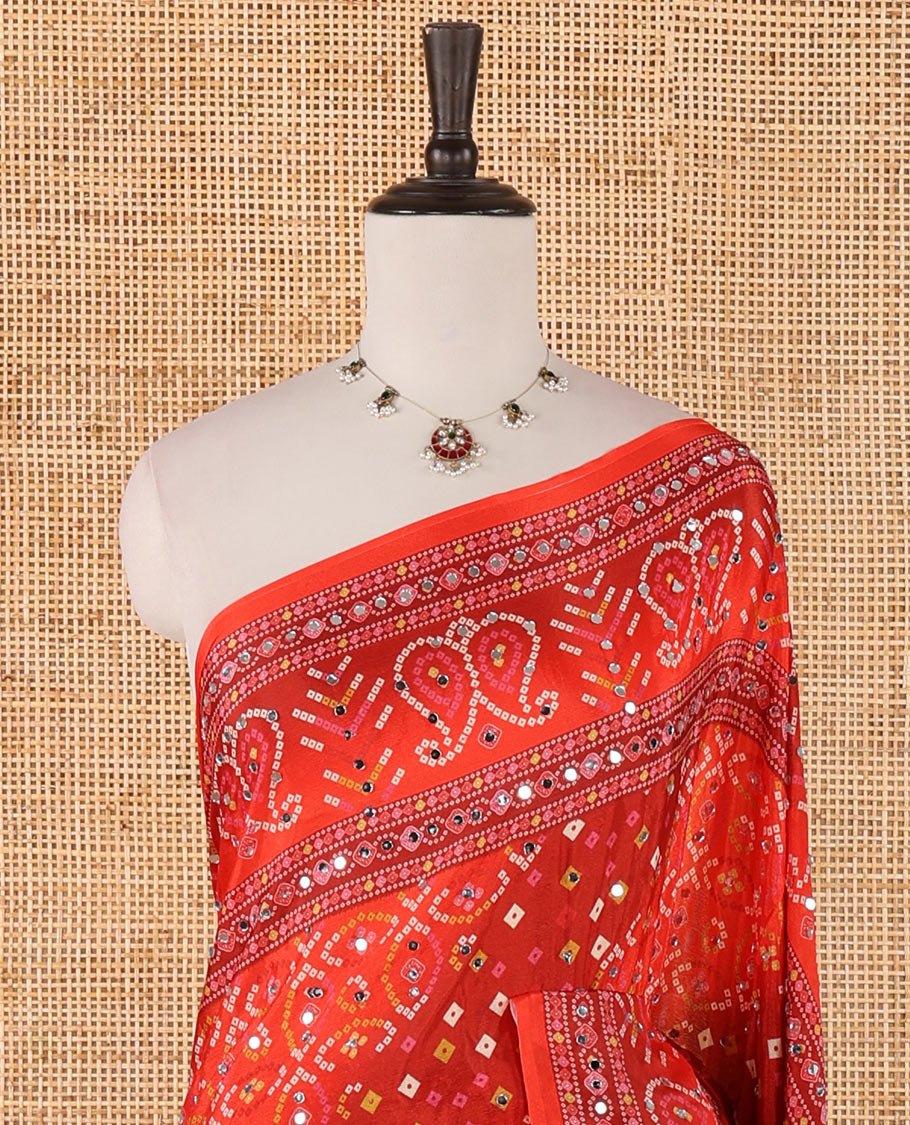 Red bhandani style printed, mirror work masakali saree with self mango bhandani printed, mirror work border 7 printed pallu along with printed blouse