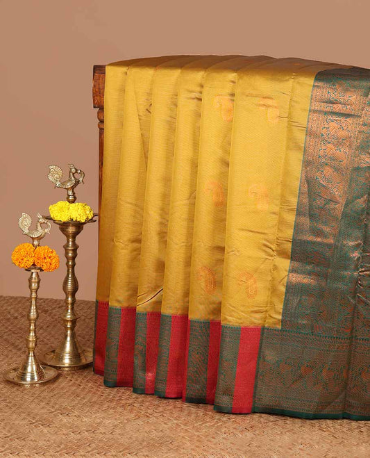 Gold zari mango butta kanchi silk saree with contrast peacock design border & rich weaving pallu along with zari butta blouse