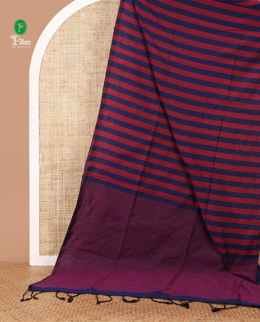 Borderless royal blue striped jute cotton saree with lining pallu & plain blouse