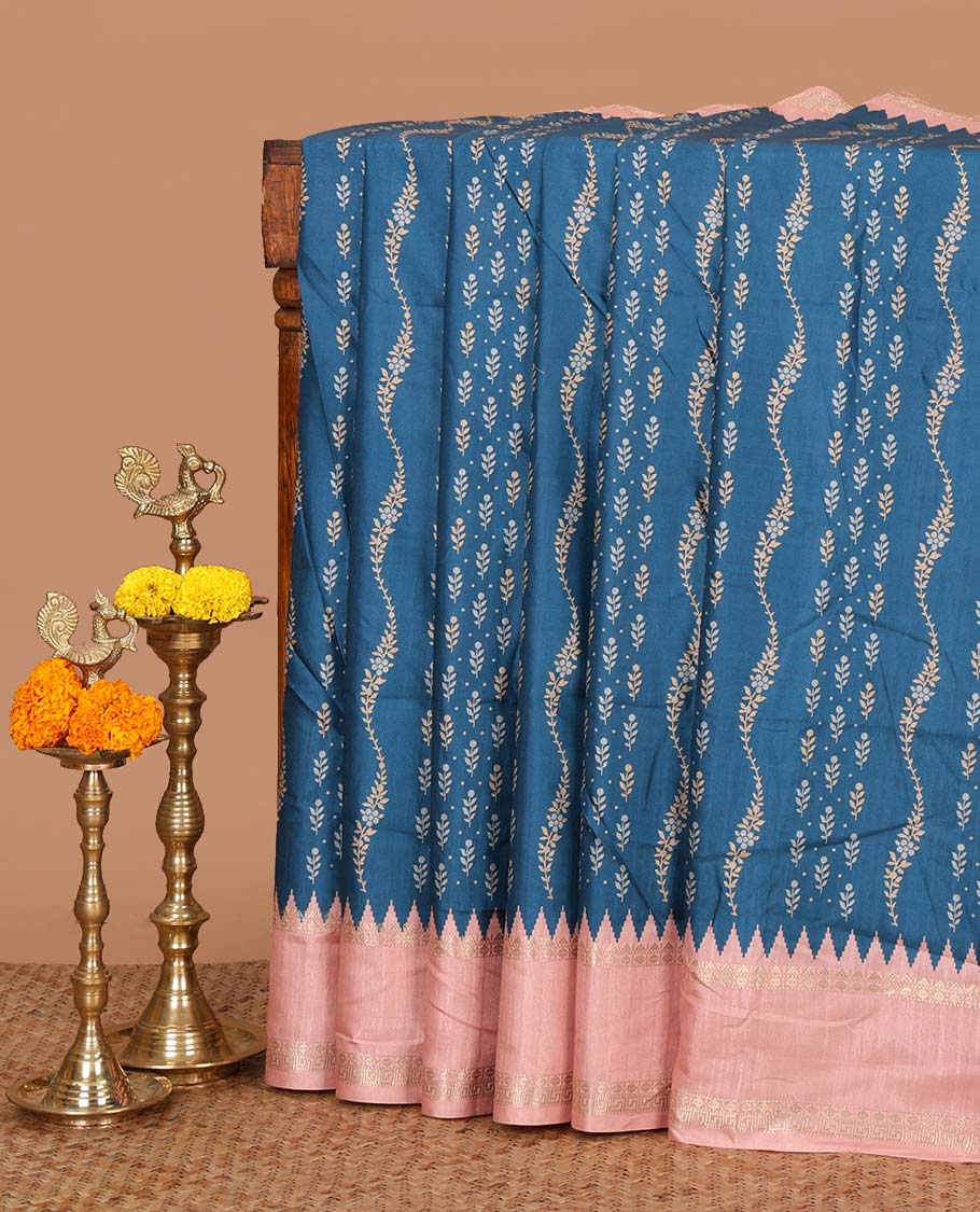 Blue digital print khatan silk saree with contrast bentex border & printed pallu along with printed blouse