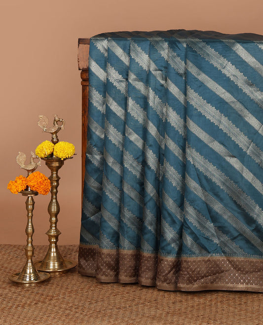Blue golden zari striped burberry silk saree, contrast zari border & pallu features 1000 dobby-style buttas