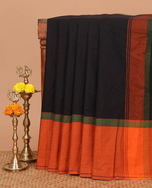 Black plain design organic handloom cotton saree, contrast ganga-jamuna big border of thread stripes & lining seer striped pallu