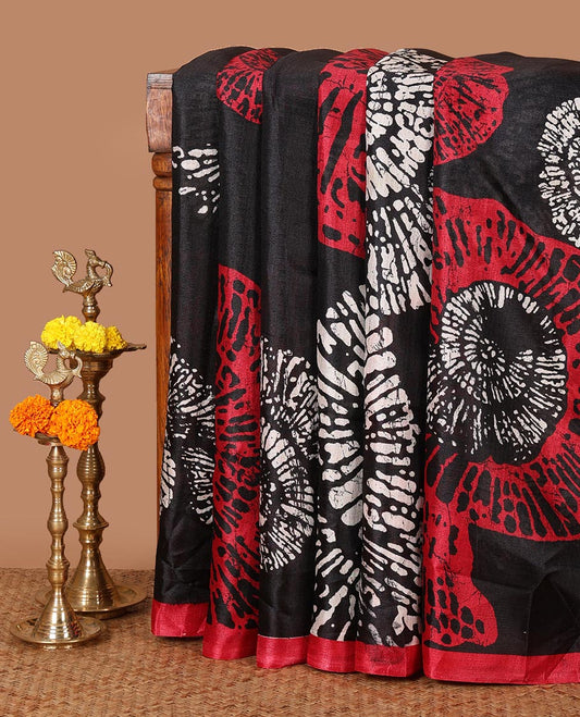 Black batik-style uniquely printed khadi cotton saree, contrast red piping plain border & printed pallu