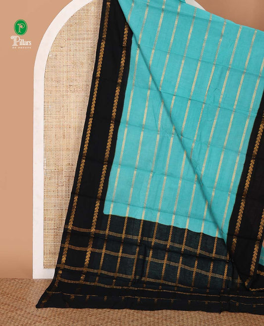 Blue veldhari striped sungudi cotton saree,contrast rettai pettu zari border,zari checked pallu & zari design blouse