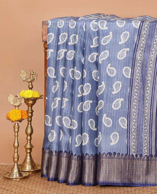 Grey zari striped & batik-paisley dola silk saree,contrast traditional zari border,printed pallu & zari striped & butta print blouse