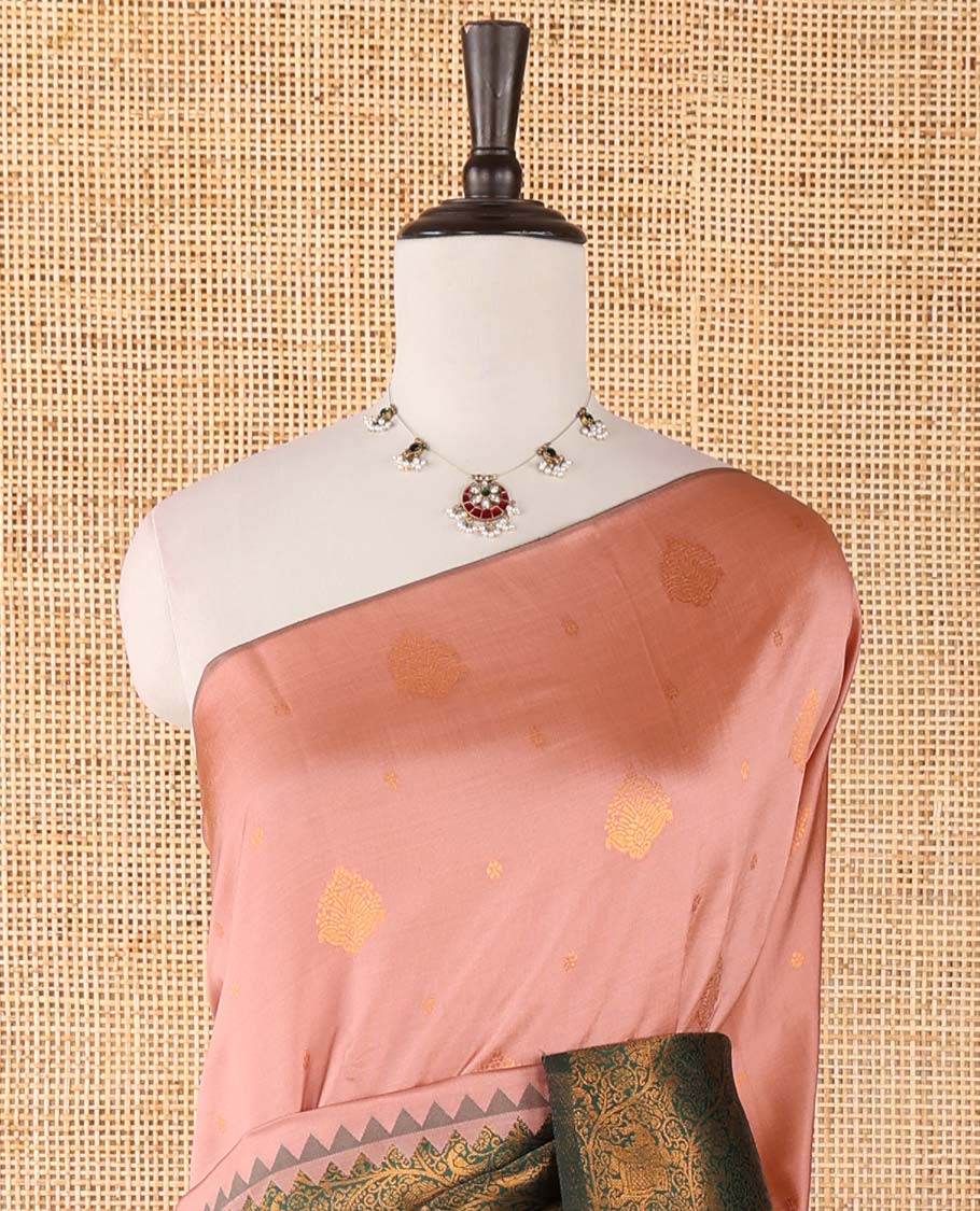 Borderless pink-green zari buttas & half-&-half vanasingari-style flora-fauna woven kanchi silksaree,self-pallu & blue blouse of zari brocade