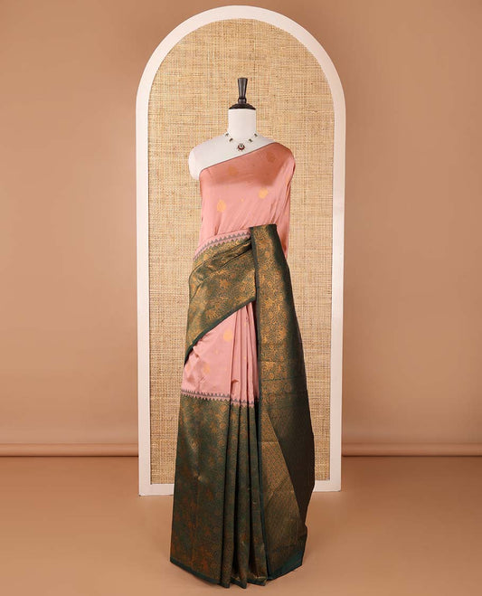 Borderless pink-green zari buttas & half-&-half vanasingari-style flora-fauna woven kanchi silksaree,self-pallu & blue blouse of zari brocade
