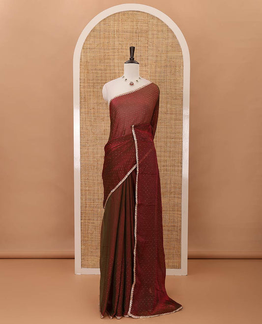 Purple Swarovski stone work embedded fendy-chiffon saree, scallop lace border & floral mixed embroidered blouse