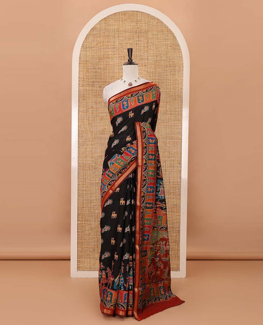 Black animal & Mughal human motifs position printed viscose muslin saree,contrast zari border & Mughal-style print pallu & contrast print blouse