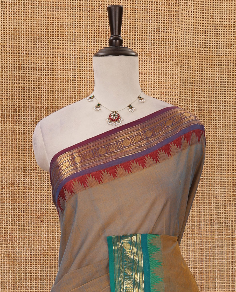 Chikku zari buttas Chettinad cotton saree, contrast Ganga Jamuna temple traditional zari border, striped pallu & matching blouse