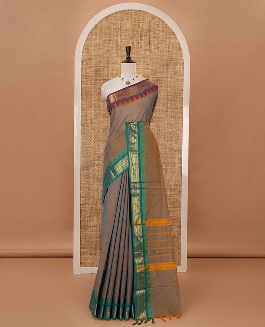 Chikku zari buttas Chettinad cotton saree, contrast Ganga Jamuna temple traditional zari border, striped pallu & matching blouse