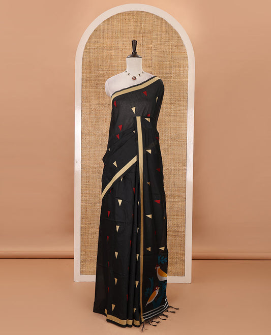 Black-base thread triangle motifs mercerized cotton saree, piping border, jamdani-style sparrow motifs pallu  & matching triangle motifs blouse