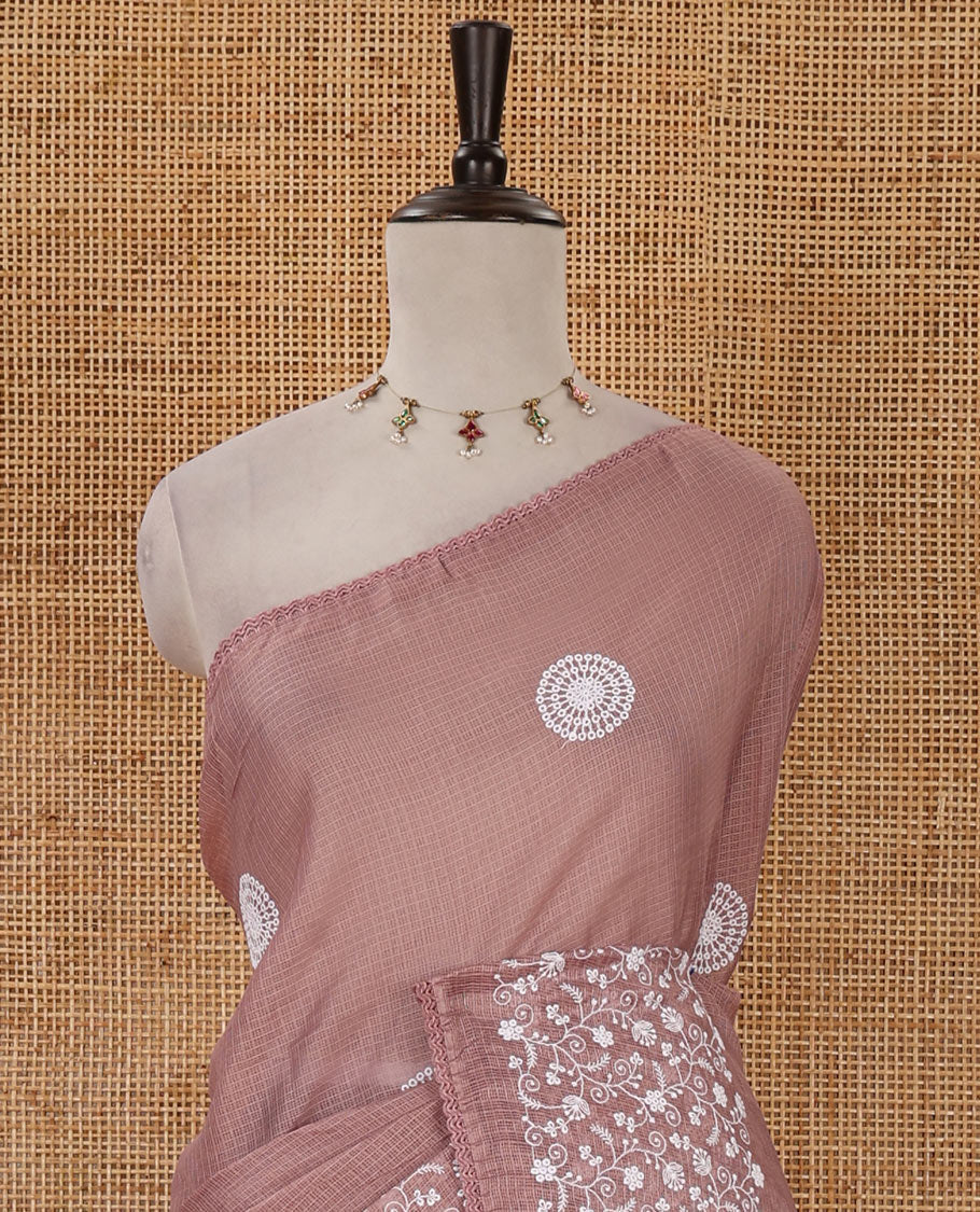 Onion pink plain & chikankari embroidered kota check saree, lace border, embroidered self-pallu & plain blouse