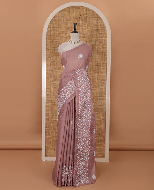 Onion pink plain & chikankari embroidered kota check saree, lace border, embroidered self-pallu & plain blouse