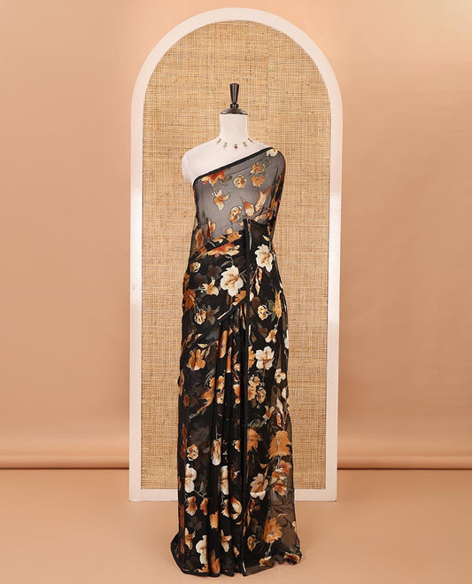 Borderless black-brown all-over floral printed brasso chiffon saree with diamond butta embossed blouse