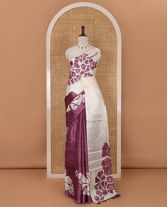 Borderless white-lavender batik-style floral big printed khadi cotton saree, purple batik printed blouse