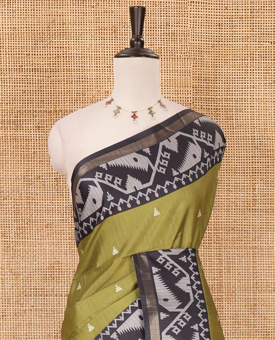 Olive temple buttas katan silk saree, contrast border & pallu of jamdani-style motifs & diamond motifs printed contrast blouse