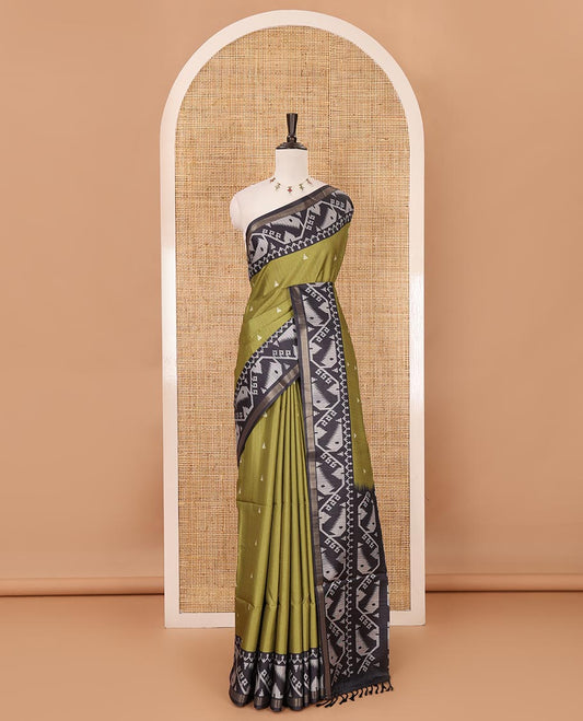 Olive temple buttas katan silk saree, contrast border & pallu of jamdani-style motifs & diamond motifs printed contrast blouse