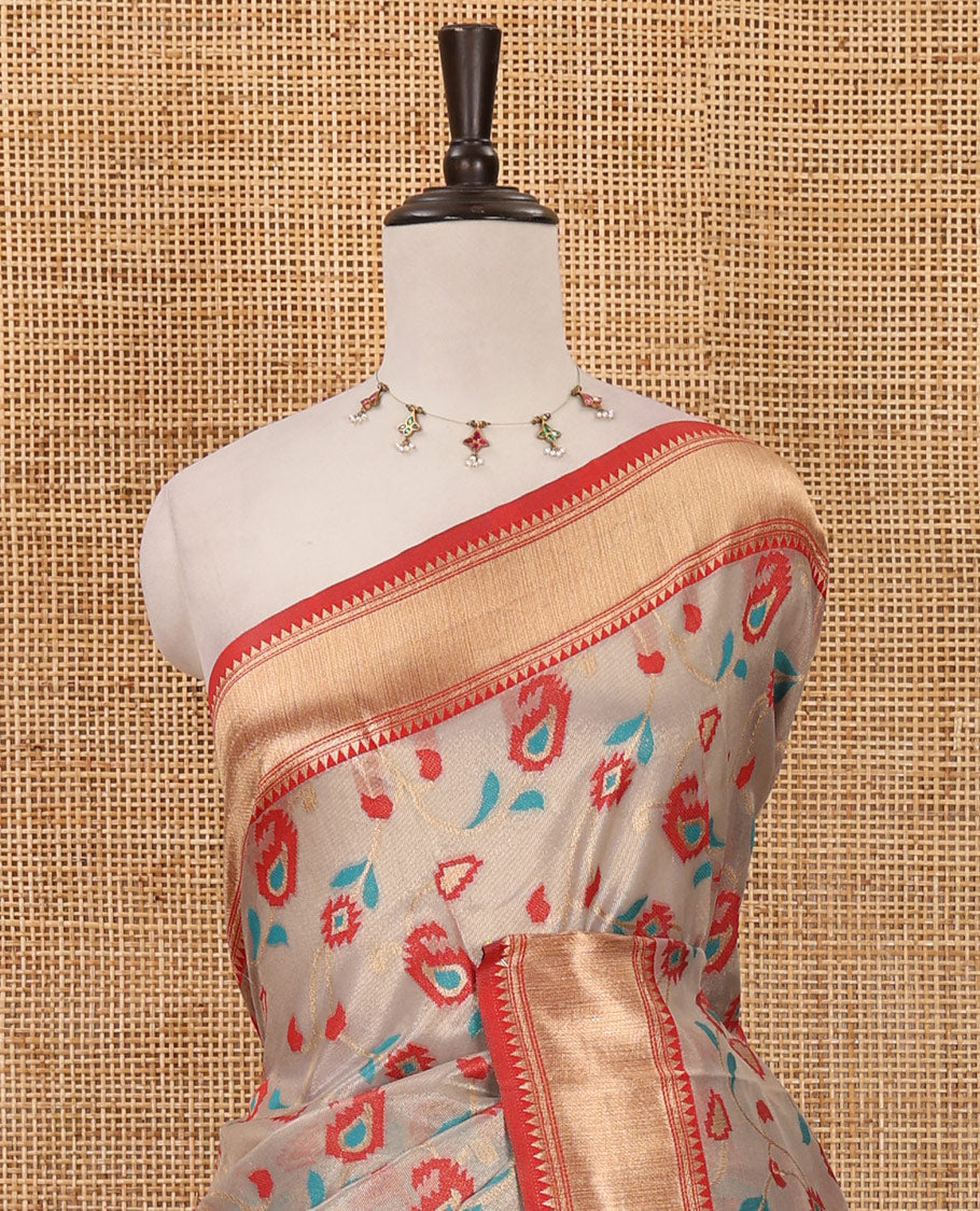 Grey floral & paisley vine tissue silk saree, contrast temple border, paithani-style peacock & muniya pallu & contrast zari buttas blouse