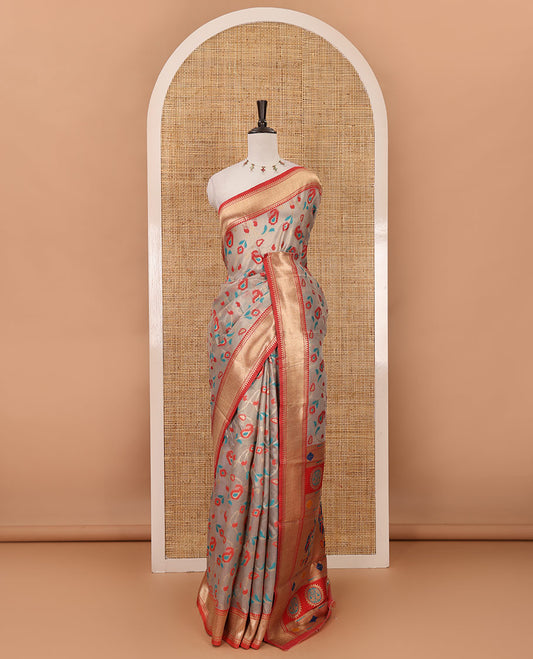 Grey floral & paisley vine tissue silk saree, contrast temple border, paithani-style peacock & muniya pallu & contrast zari buttas blouse