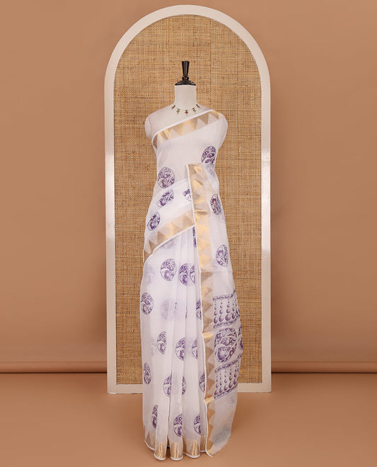 White-violet circular motifs printed mercerised cotton saree, gold zari temple  border, circular motifs printed pallu & matching zari border blouse