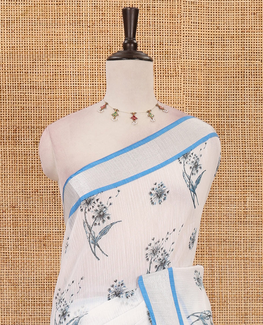 White-blue floral motifs printed Linen cotton saree, contrast Sliver zari bavanji border, floral print pallu & plain blouse
